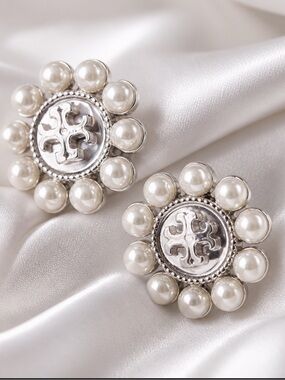 Tori Burch Silver-Tone Pearl Floral Logo Stud Earrings
